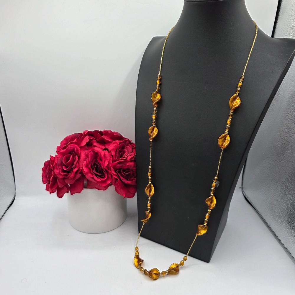 Hilary London Amber Gold Foil Twisted Glass Bead Long Necklace Adjustable 43in